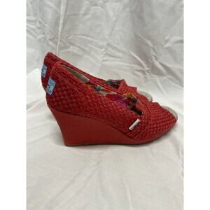TOMS Women's Open Peep Toe Wedge Sandals Size 6.5 Red Upper 3 inch heel